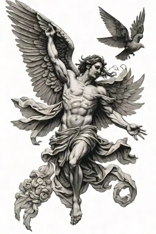 icarus falling from sky with greek gods looking down upon him. left arm sleeve tattoo design idea