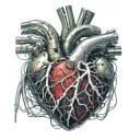realistic human heart, bleeding, wires, veins, cybernetic, electronics, Heart, Aorta valve, wire veins, blood splatter, tattoo design idea