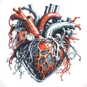realistic human heart, bleeding, wires, veins, cybernetic, electronics, Heart, Aorta valve, wire veins, blood splatter, tattoo design idea