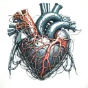 realistic human heart, bleeding, wires, veins, cybernetic, electronics, Heart, Aorta valve, wire veins, blood splatter, tattoo design idea