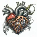 realistic human heart, bleeding, wires, veins, cybernetic, electronics, Heart, Aorta valve, wire veins, blood splatter, tattoo design idea