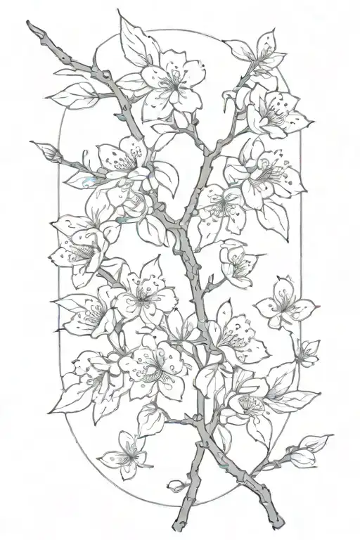 thin narrow black and white masculine cherry branch tattoo with blossoms tattoo design idea