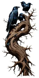 gnarled twisted tree with ravens sitting in the branches  tattoo design idea