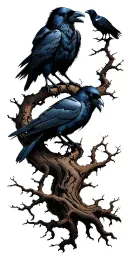 gnarled twisted tree with ravens sitting in the branches  tattoo design idea