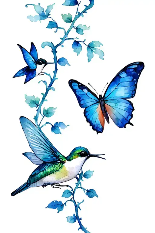 blue butterfly and dragonfly and hummingbird on a vine tattoo design idea