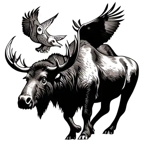 buffalo moose walking together with owl flying over  tattoo design idea