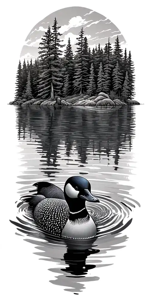 loon swimming on a lake surrounded by forrest scene tattoo design idea