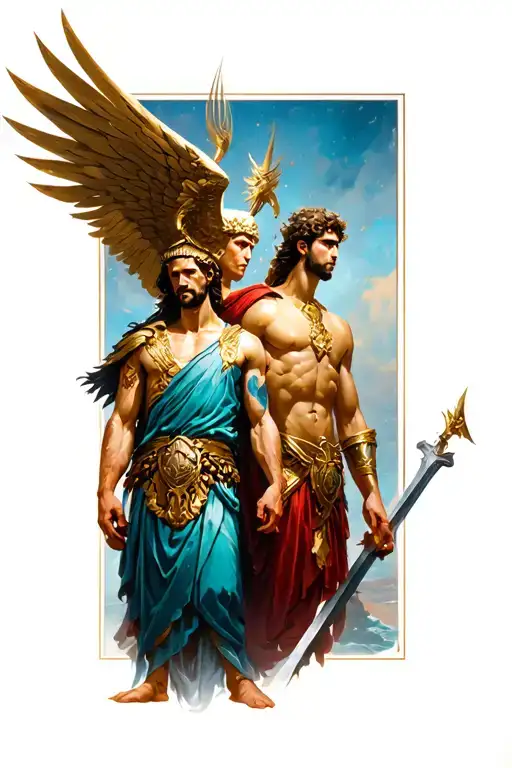 Greek gods Athena, Apollo, and a warrior named Eryx with color and intense-looking tattoo design idea