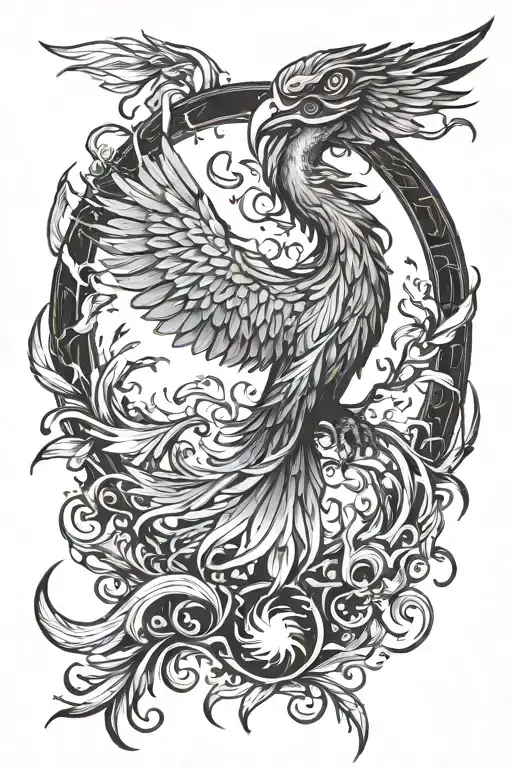 A phoenix rising from the ashes symbolizing strength and resilience, surrounded by animals representing family unity tattoo design idea