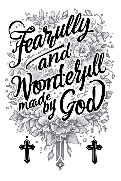 "fearfully and wonderfully made by god" written in script with 3 crosses below tattoo design idea