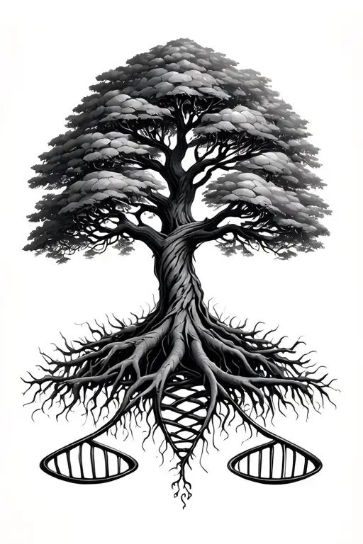 tree of life growing roots into the dna double helix with old scales and each scale represents 1 for son 1 for daughter  tattoo design idea