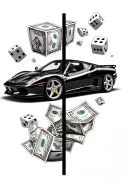 half sleeve no risk no rari with dice and a ferrari car a lot of money tattoo design idea