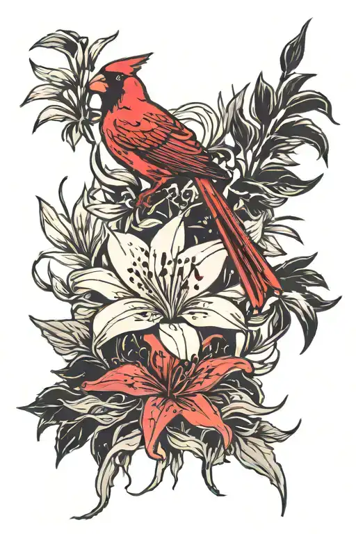 red cardinal and spider lilies tattoo design idea