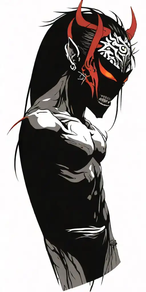 male anime character  oni mask fighting off inner demons  tattoo design idea
