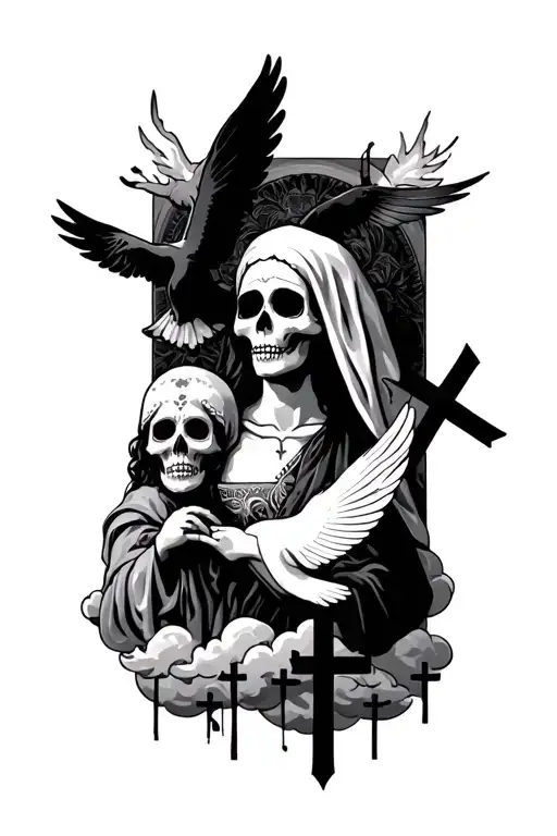 santa muerte and god with a dove clouds and 3 crosses tattoo design idea