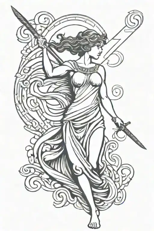 athena greek goddess holding sword and scale with waves tattoo design idea