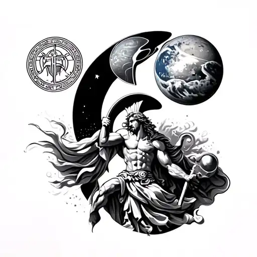 half sleeve tattoo, with greek symbol on the shoulder with planets, below being zeus then below zeus is a spartan warrio tattoo design idea
