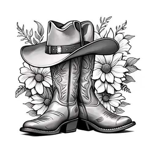 cowboy boots with a cowboy hat and the October birth flower tattoo design idea