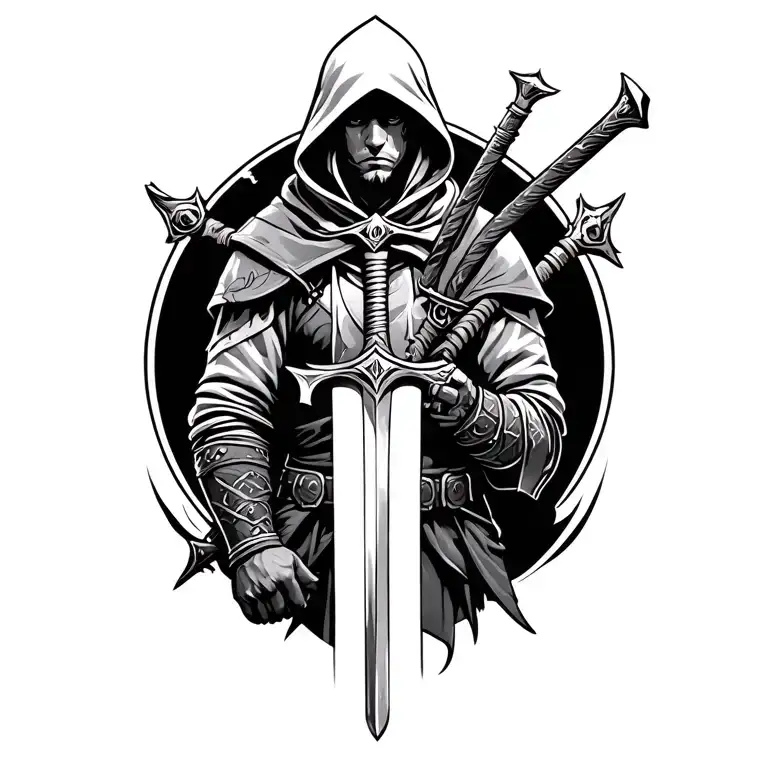 hooded warrior with sword tattoo tattoo design idea