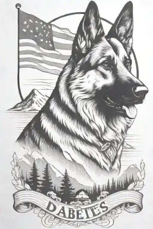 German shepherd American flag mountain scene saying "diabetes" tattoo design idea