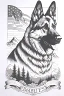 German shepherd American flag mountain scene saying "diabetes" tattoo design idea