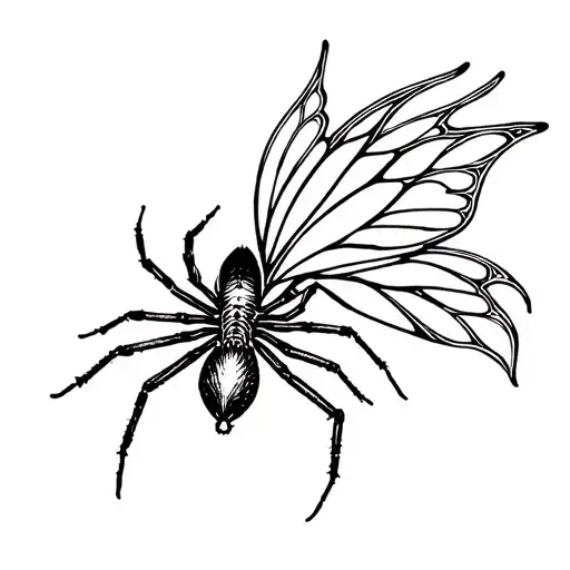 spider with fairy wings in fine line tattoo design, elegant, gothic tattoo design idea