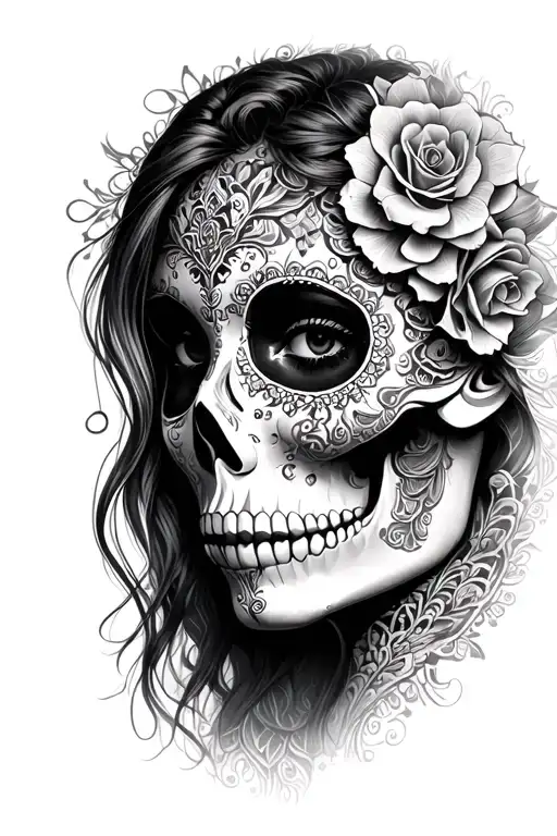 full lace background, a female half face half sugar skull realistic, Gemini, black and grey detailed shading tattoo design idea