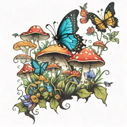 A whimsical forest scene with fairy's and butterflies dancing around mushrooms tattoo design idea