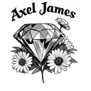 Diamond laying on its side with 2 daisies and one poppy lying next to it with the name "Axel James" above tattoo design idea