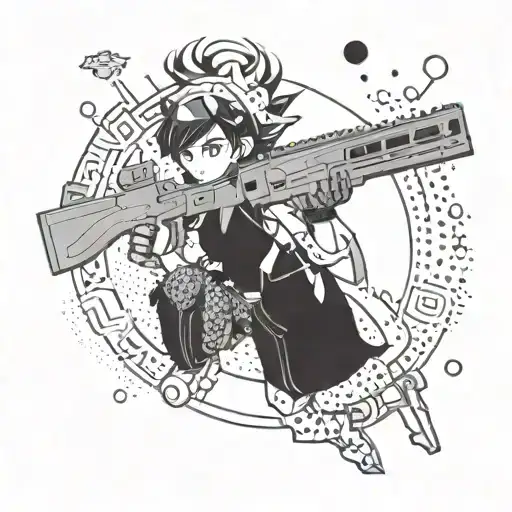 DOTWORK An anime-inspired tattoo of a character wielding a futuristic firearm, reflecting your passion for both anime an tattoo design idea
