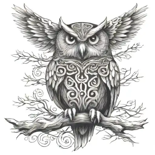 Celtic owl on branch with wings outstretched wings tattoo design idea