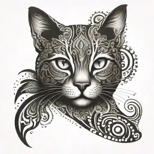 get a full arm tattoo in the ornamental style. Combine the following elements: a small Polynesian cat face on the forear tattoo design idea