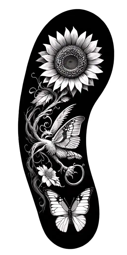 Moth, Sunflower, Butterfly, Semicolon, Aquatofana, Medusa, Phoenix, :):, Sun Key separate all the tattoos on the sleeve tattoo design idea