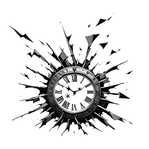 broken shattered clock with roman numerals and pieces flying off of it  tattoo design idea