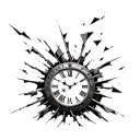broken shattered clock with roman numerals and pieces flying off of it  tattoo design idea