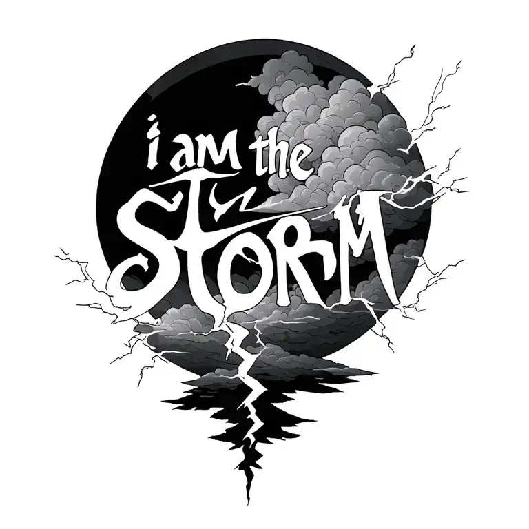 words "i am the storm" with clouds and lightening for the "o" in storm tattoo design idea