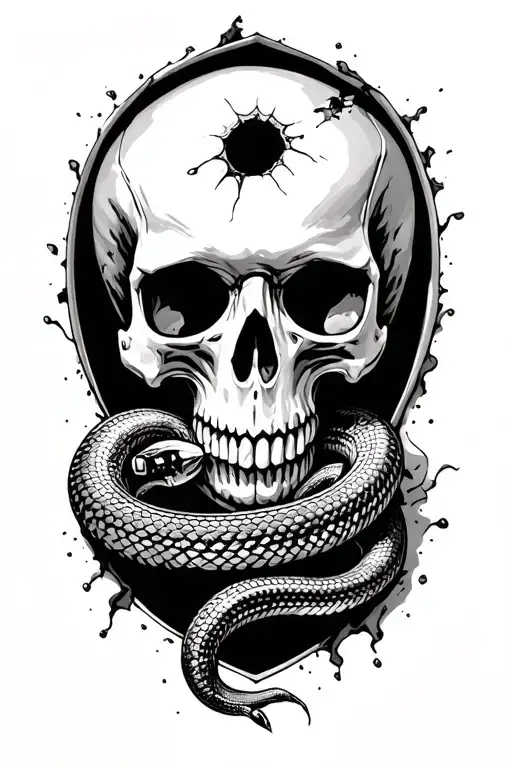 skull with a bullet hole in the forehead and and a rattle snake coming out of the hole tattoo design idea