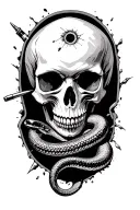 skull with a bullet hole in the forehead and and a rattle snake coming out of the hole tattoo design idea