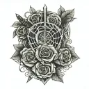 heart, spider web, rose, sword intertwined tattoo design idea