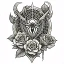 heart, spider web, rose, sword intertwined tattoo design idea