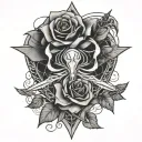 heart, spider web, rose, sword intertwined tattoo design idea