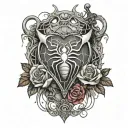 heart, spider web, rose, sword intertwined tattoo design idea