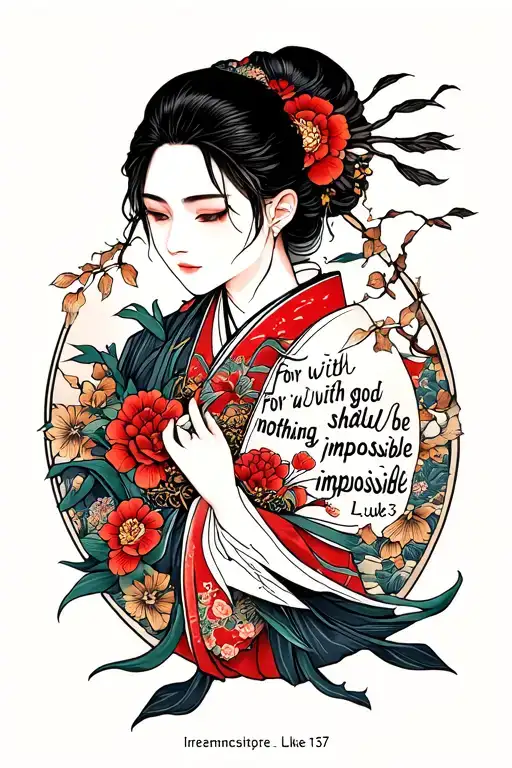 japonese style with "for with god nothing shall be impossible luke 1:37" quote around it  tattoo design idea