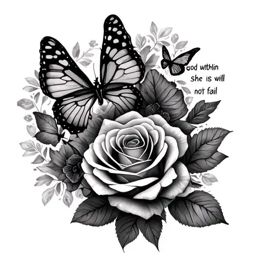 roses, butterflies, love , god is within her she will not fail tattoo design idea