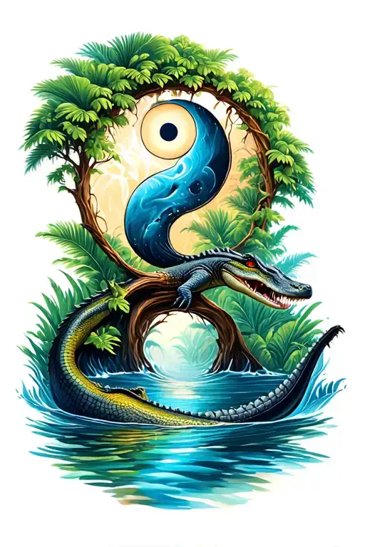 tree of life, ying yang, water, crocodile swimming in a tropical tattoo design idea