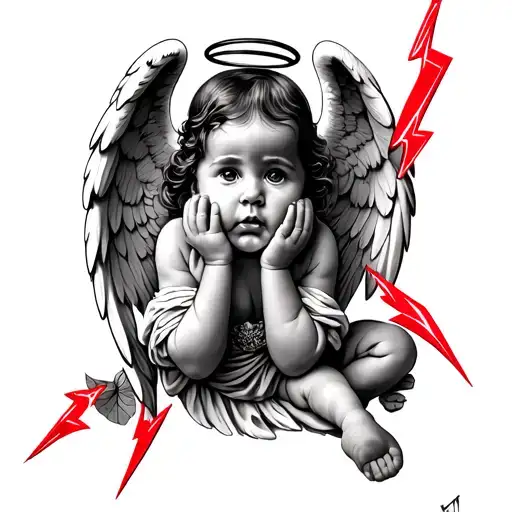 baby angel 1 hear no evil, baby nagel 2 speak no evil, baby angel 3 see no evil, with angelic halos and red bolt strikes tattoo design idea