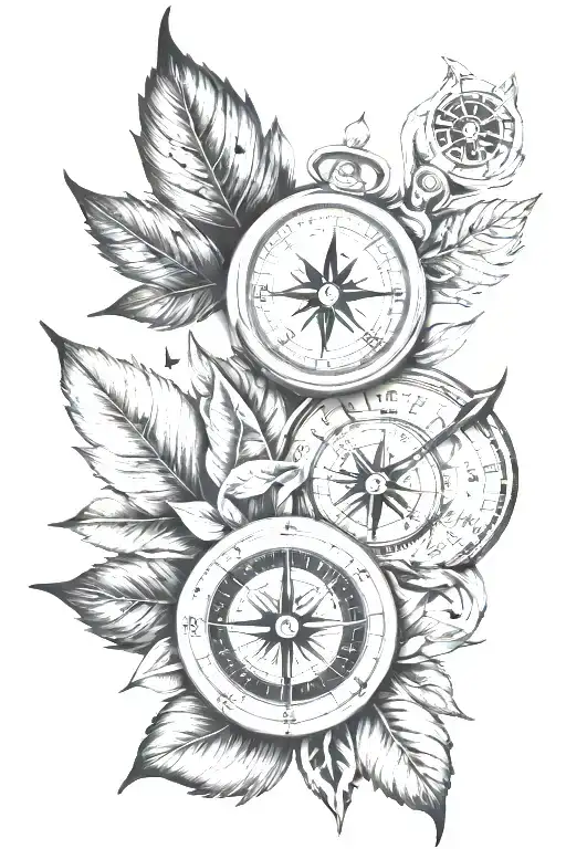 leaf, cards, compass tattoo design idea