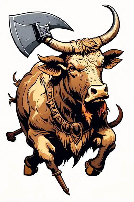 humam like mythological Bull in battle using nordic axe as a weapon  tattoo design idea