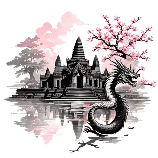 angkor wat temple with cherry blossom and dragon  tattoo design idea