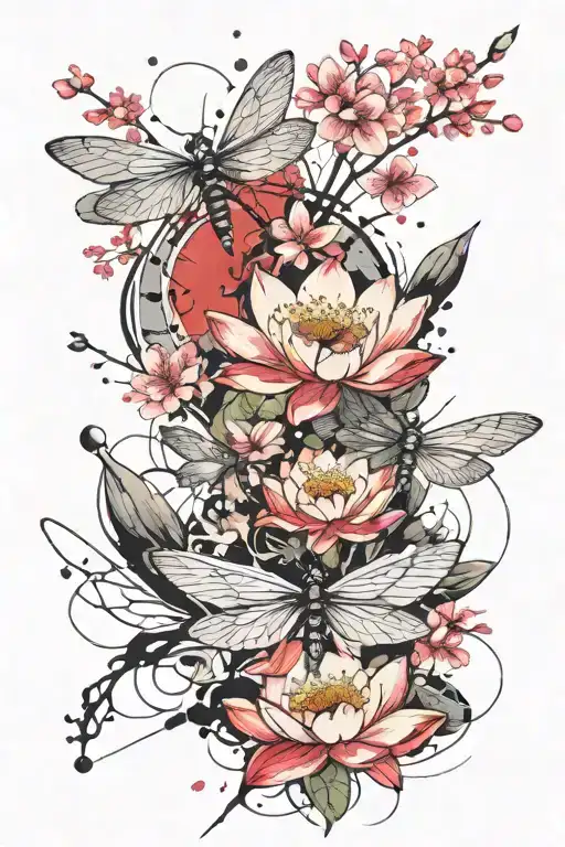 lotus flower, abstract, dragonfly hovering, cherry blossom   tattoo design idea